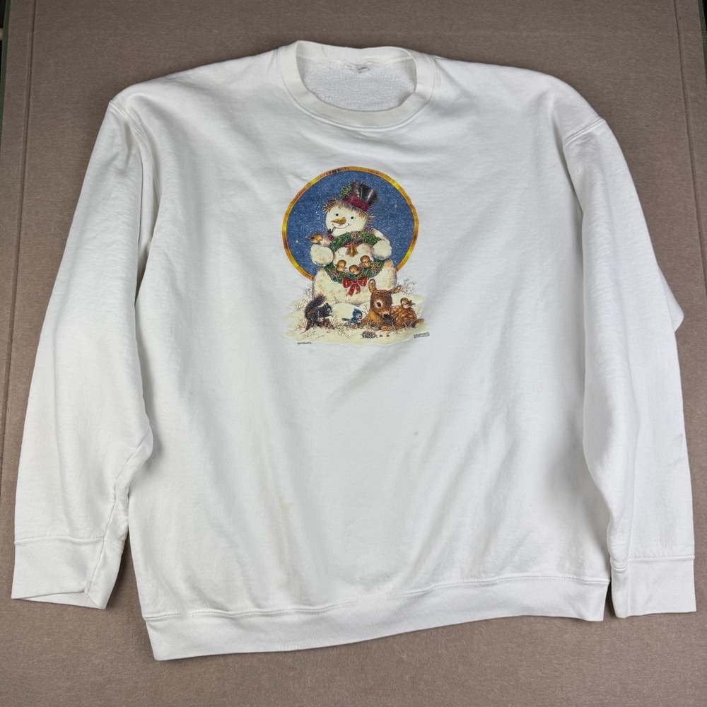 Vintage Fruit of the Loom Sweatshirt Mens‎ 2XL White Giordano Snowman Christmas